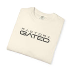 Ivory T-shirt folded view with Factory GATED logo print