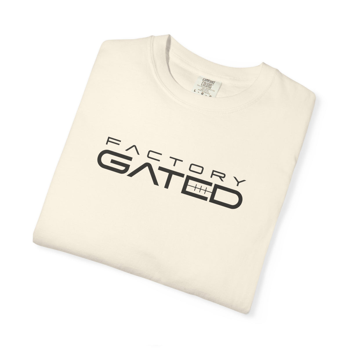 Ivory T-shirt folded view with Factory GATED logo print