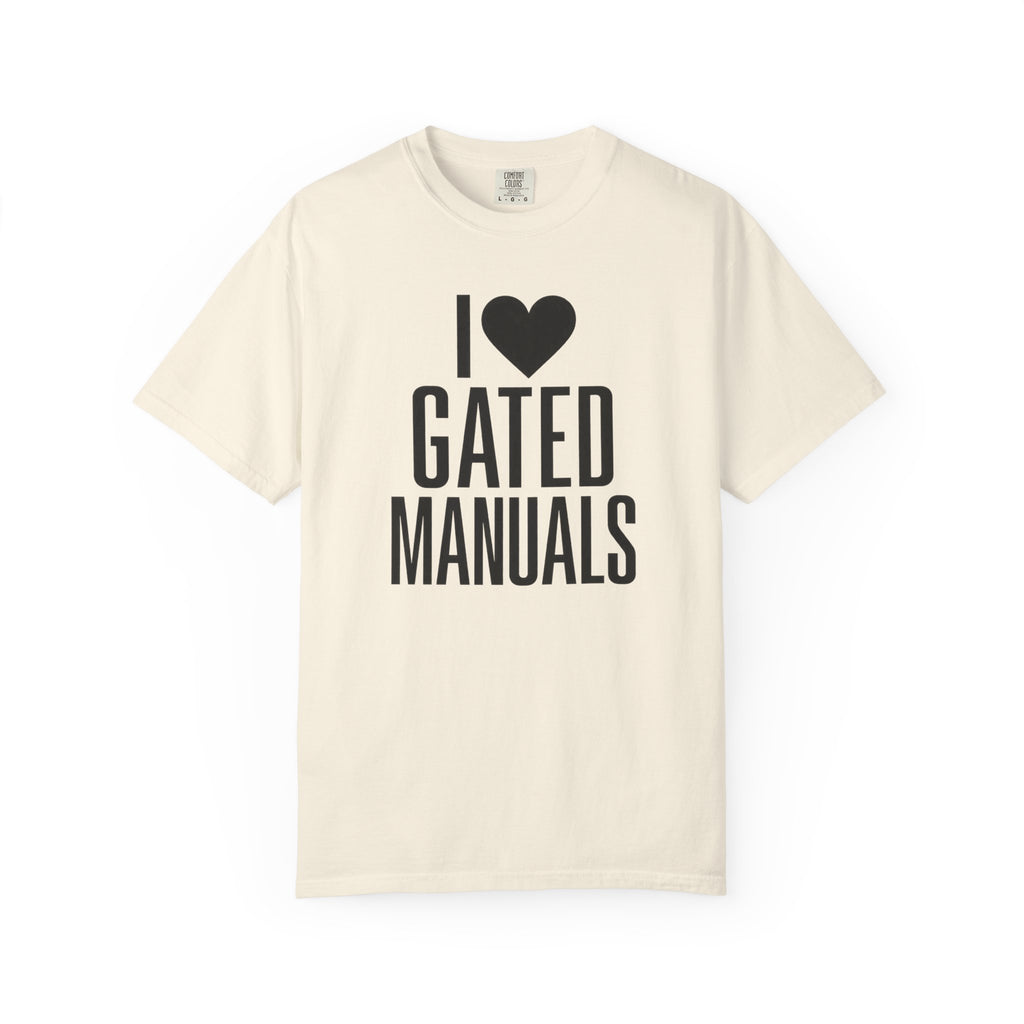 Ivory crew-neck T-shirt with "I ♥ GATED MANUALS" graphic