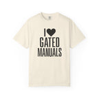 Ivory crew-neck T-shirt with "I ♥ GATED MANUALS" graphic
