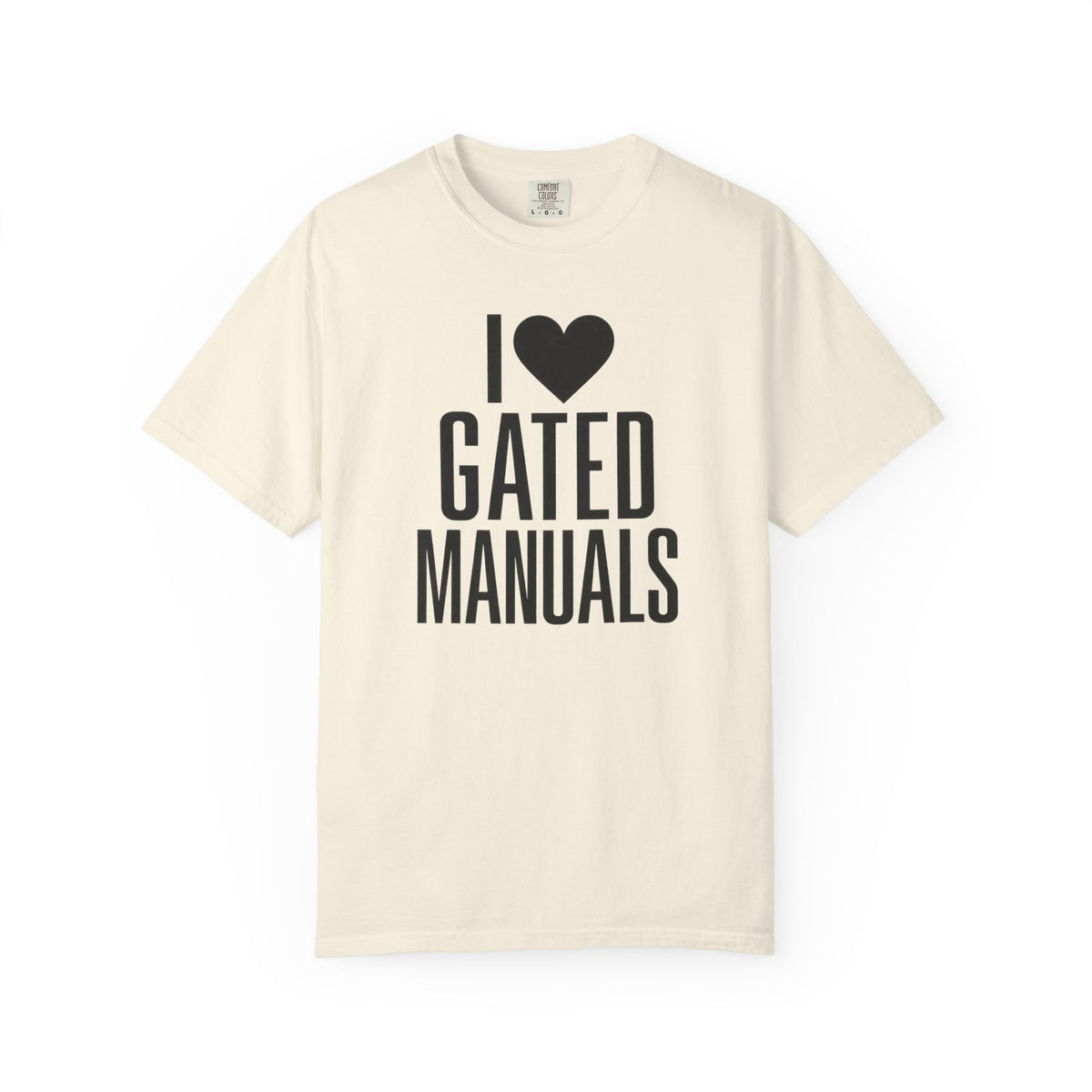Ivory crew-neck T-shirt with "I ♥ GATED MANUALS" graphic