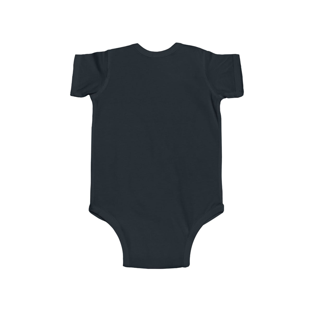 Dark charcoal baby bodysuit with short sleeves, plain front, snap bottom