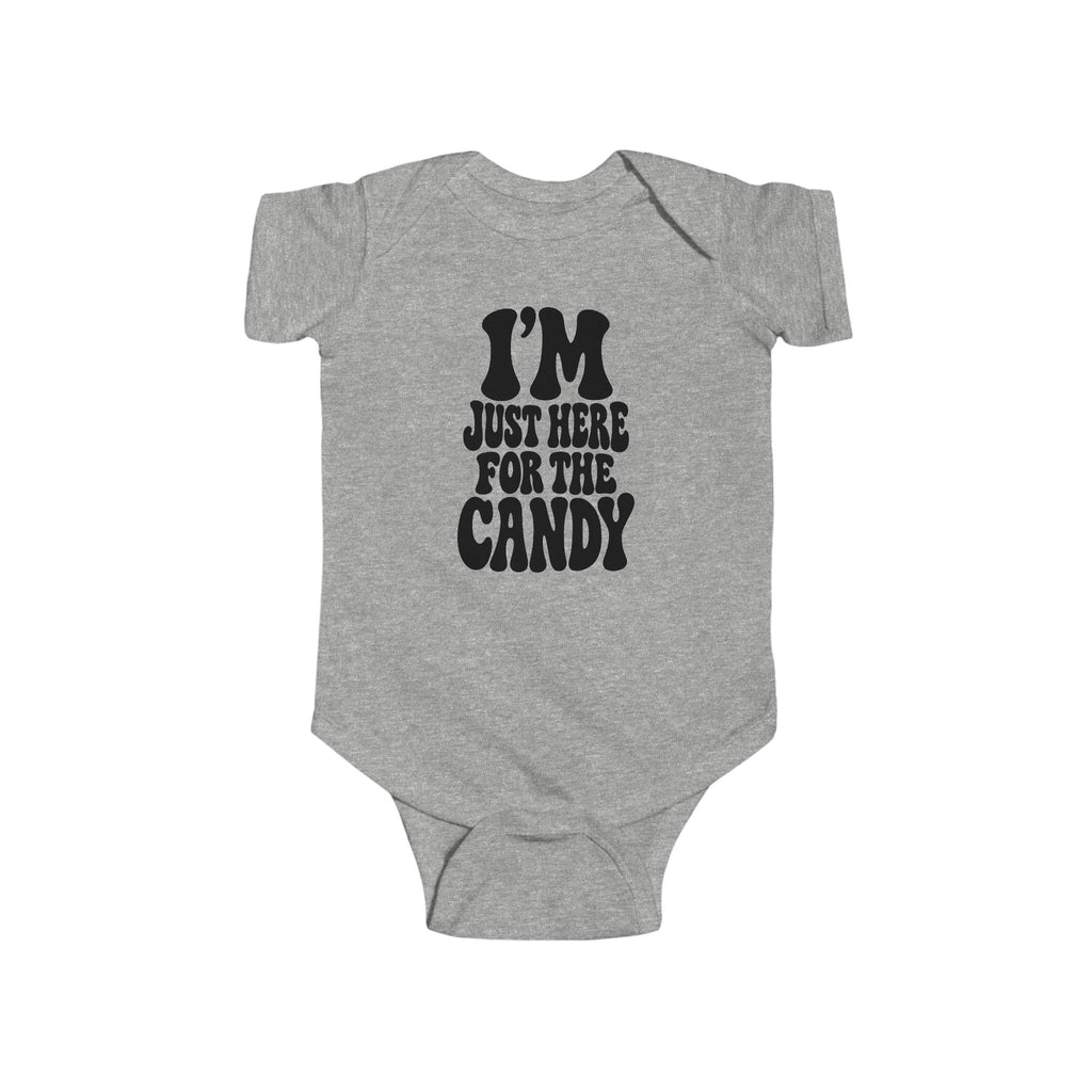Heather gray baby bodysuit with "I'm just here for the candy" graphic on the front