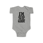 Heather gray baby bodysuit with "I'm just here for the candy" graphic on the front