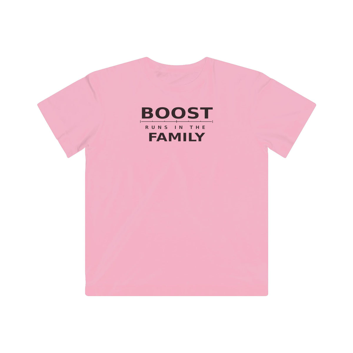 Pink kids T-shirt with BOOST RUNS IN THE FAMILY graphic on chest