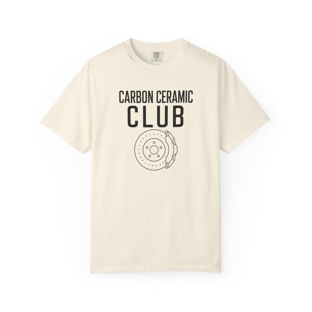 Ivory graphic t-shirt with 'CARBON CERAMIC CLUB' front text and circular icon