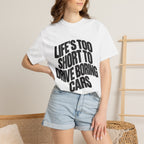White crewneck T-shirt with bold black quote graphic