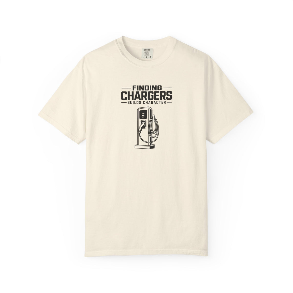Ivory short-sleeve T-shirt with black and gray charging-themed graphic on the chest