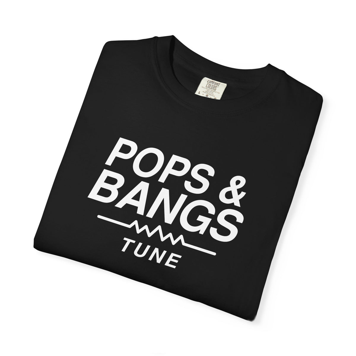 Black crew-neck T-shirt with bold "POPS & BANGS" "TUNE" graphic detail