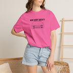 Neon pink JDM T-shirt on model, crew neck and wide logo car print