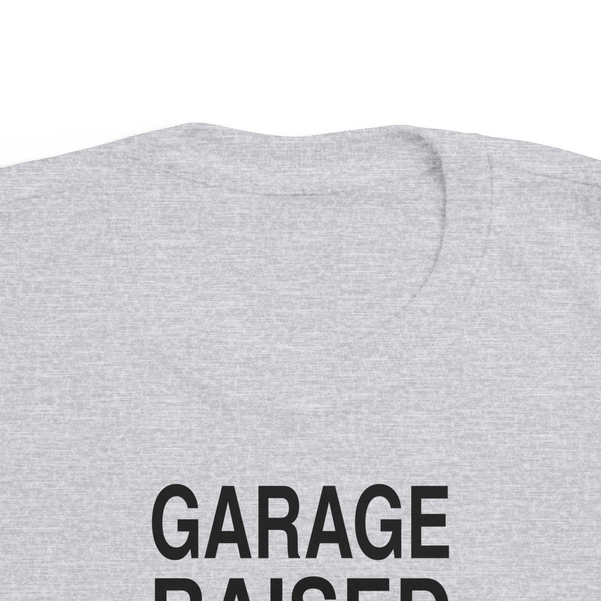 Heather gray toddler T-shirt with large “GARAGE” print