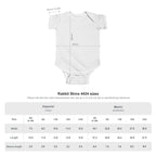 White baby bodysuit with size measurement guide overlay