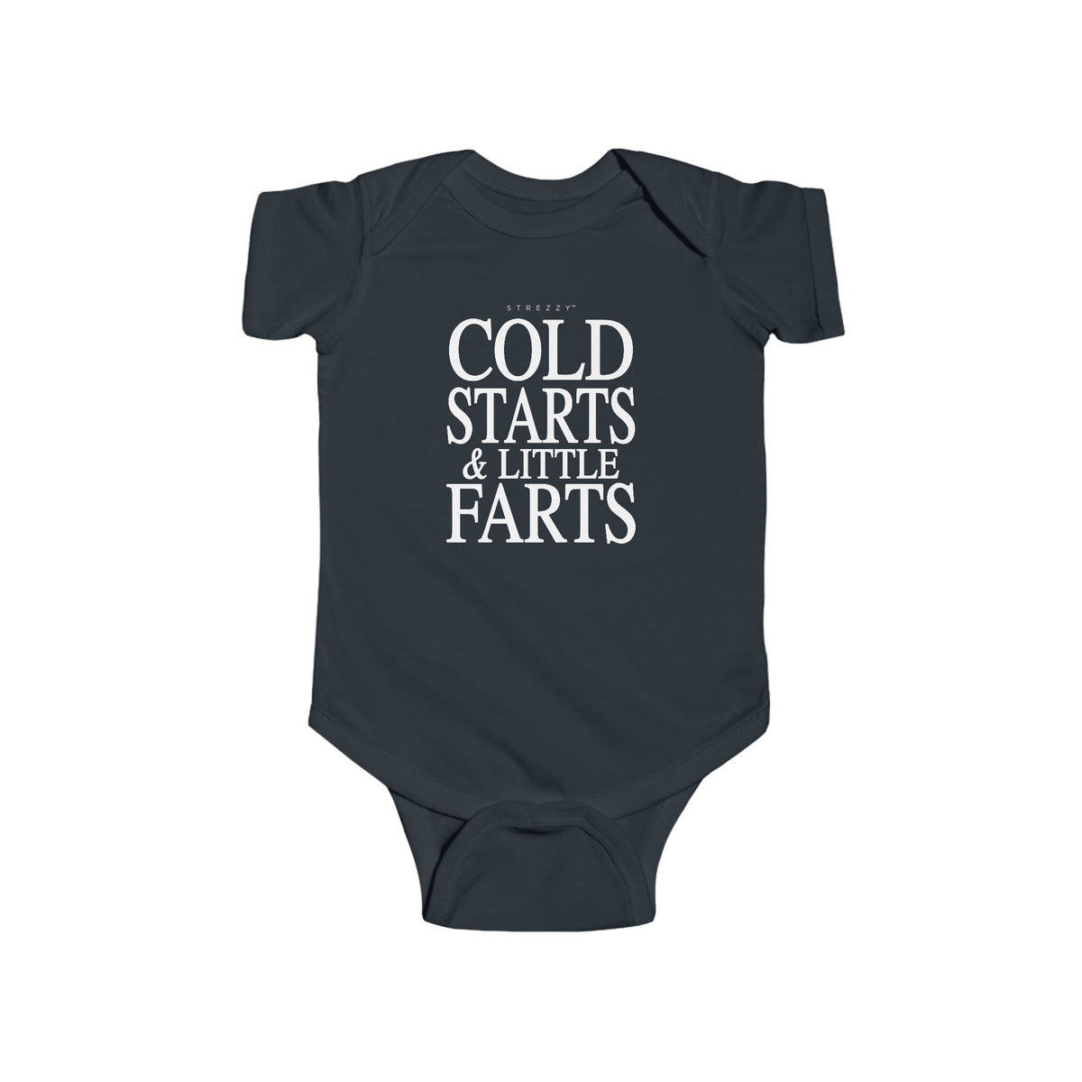 Black baby bodysuit with “Cold Starts & Little Farts” front text graphic