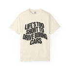 Ivory short-sleeve graphic T-shirt with bold stacked slogan front print