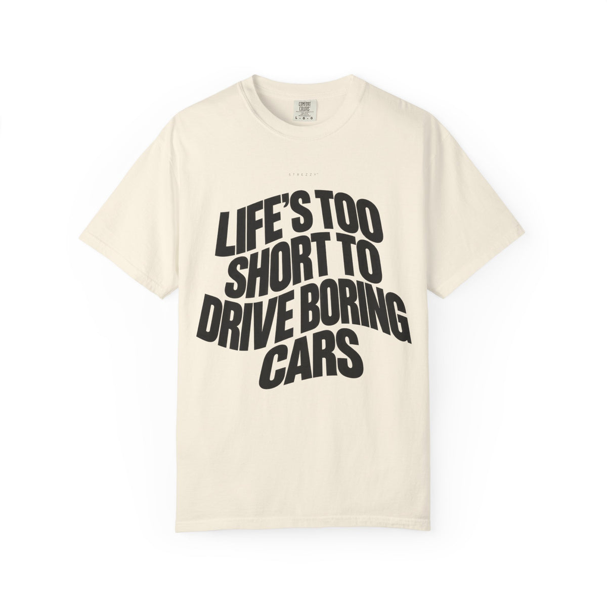 Ivory short-sleeve graphic T-shirt with bold stacked slogan front print