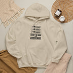Sand pullover hoodie with front pocket and chest graphic "I won't be home for Christmas"