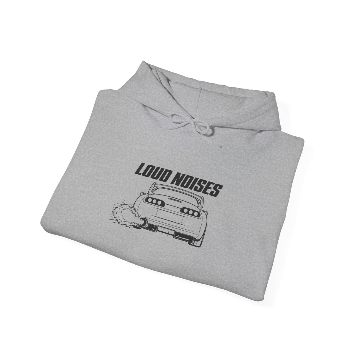 Sport grey pullover hoodie folded with front graphic and drawstring hood
