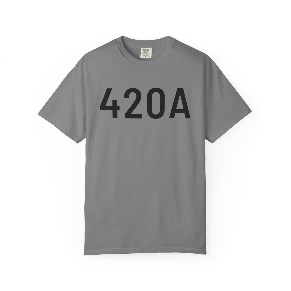 Grey crewneck T-shirt with '420A' graphic on front, short sleeves.
