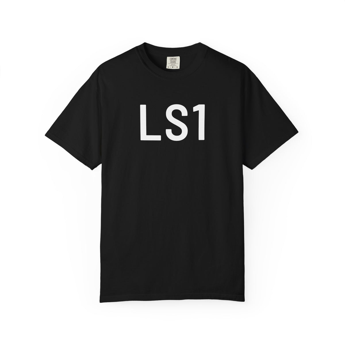 Black T-shirt with white “LS1” logo print on the front