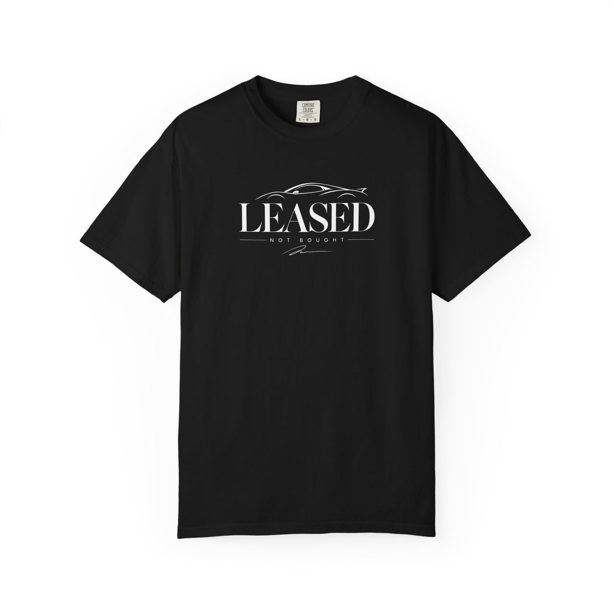 Black crew-neck T-shirt with centered “LEASED” logo print on front