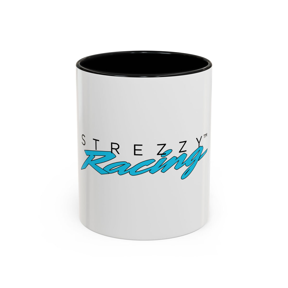 Racing accent mug with black interior and rim, white body, blue “Racing” graphic