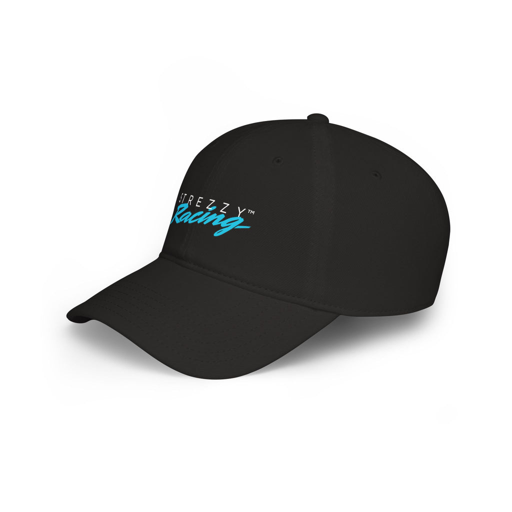 Black racing cap angled view with STREZZY Racing logo on the side
