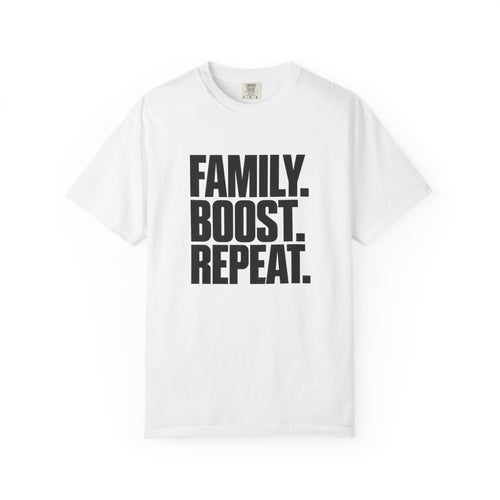 White graphic slogan T-shirt with stacked chest text design