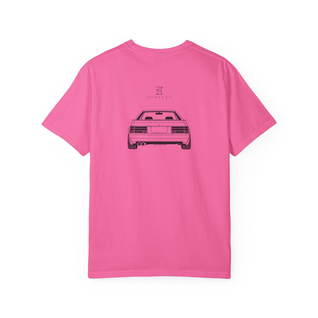 Neon pink JDM graphic T-shirt with centered car illustration on back