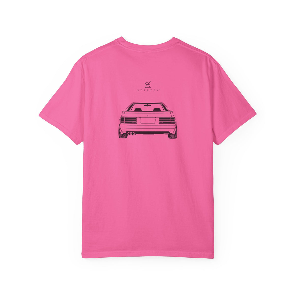 Neon pink JDM graphic T-shirt with centered car illustration on back