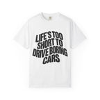 White short-sleeve graphic T-shirt with bold stacked slogan front print