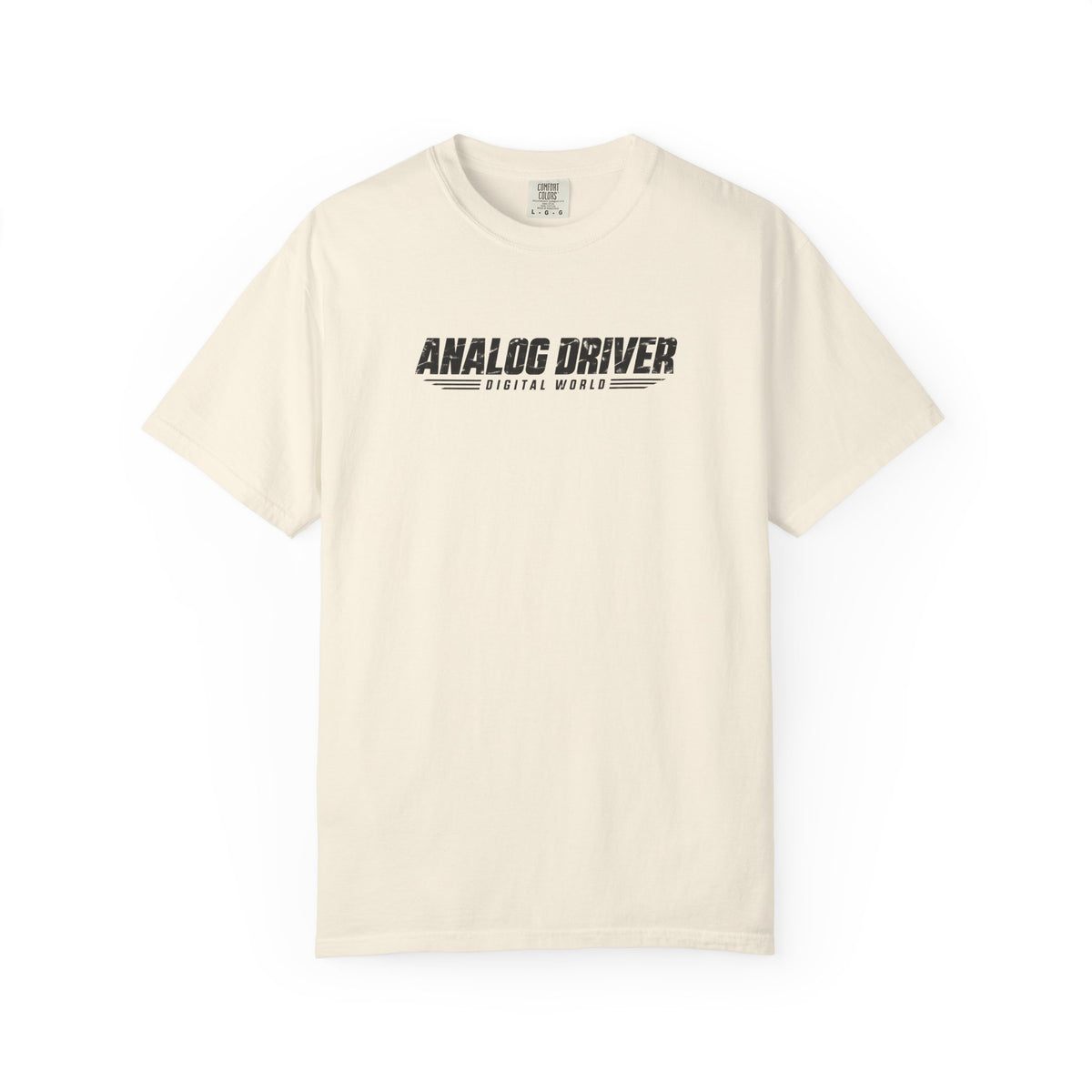 Ivory graphic T-shirt with “ANALOG DRIVER” logo on the chest