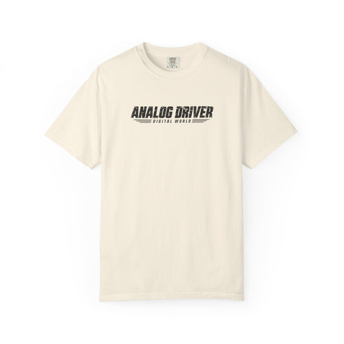 Ivory graphic T-shirt with “ANALOG DRIVER” logo on the chest