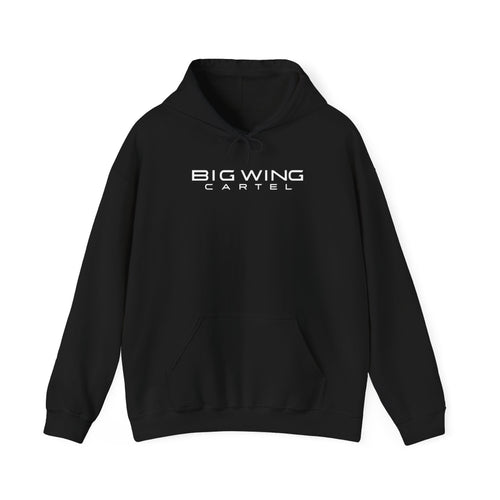 Black Big Wing Cartel hoodie with front chest logo, drawstring hood pocket
