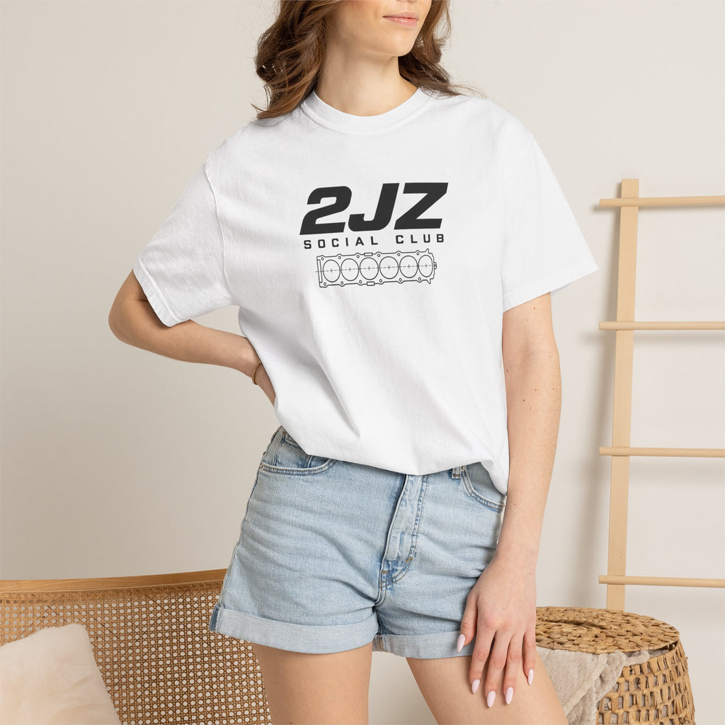 White crew-neck T-shirt with 2JZ Social Club chest graphic on model
