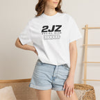 White crew-neck T-shirt with 2JZ Social Club chest graphic on model