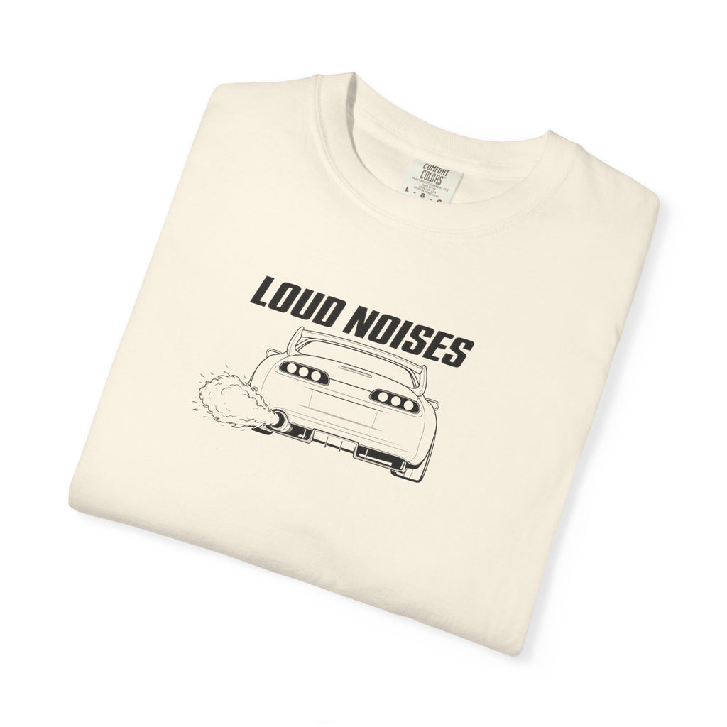 Ivory crewneck graphic t-shirt with “LOUD NOISES” text and cassette illustration