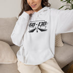 White pullover hoodie with hood, drawstring, kangaroo pocket, and chest graphic logo
