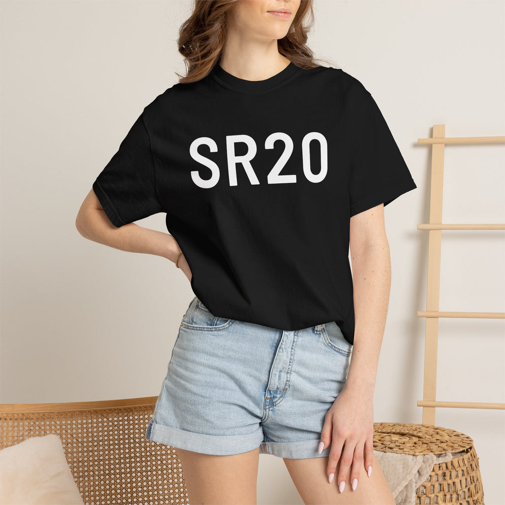 Black SR20 graphic T-shirt on model, crew neck and short sleeves