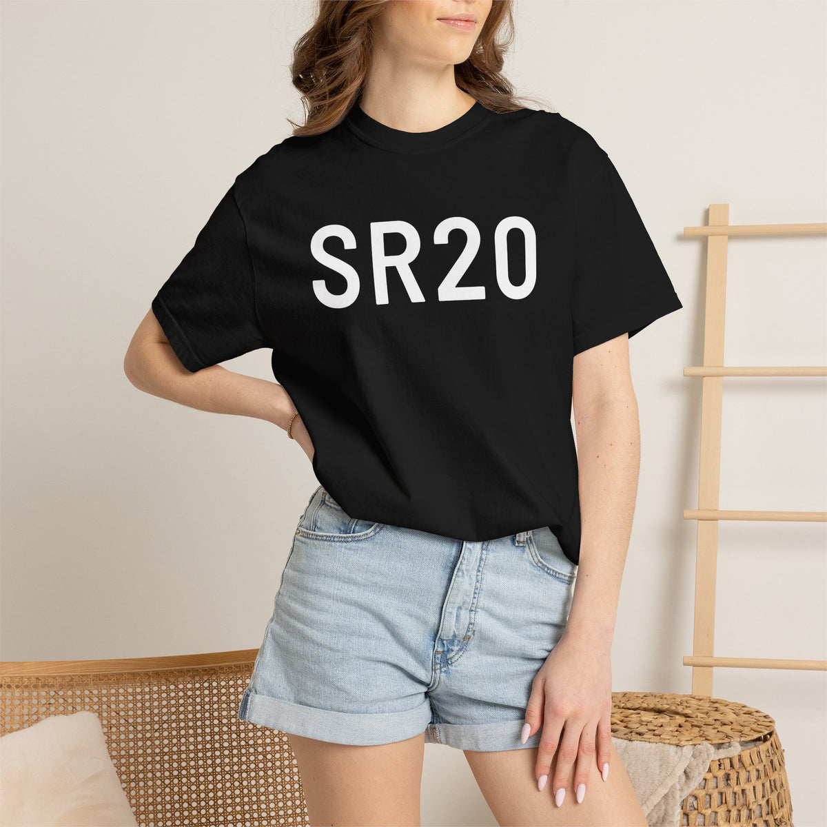 Black SR20 graphic T-shirt on model, crew neck and short sleeves