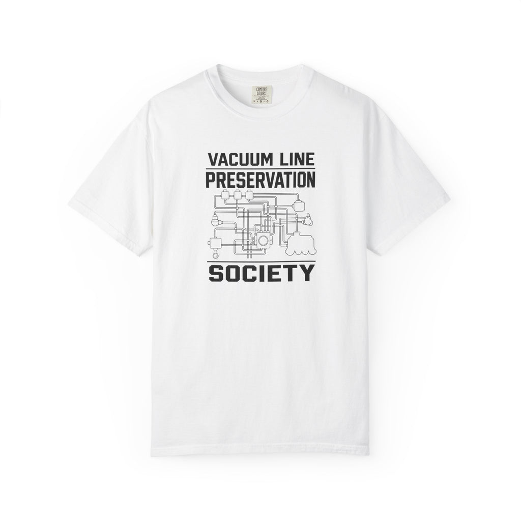 White t-shirt with Vacuum Line Preservation Society graphic on the front