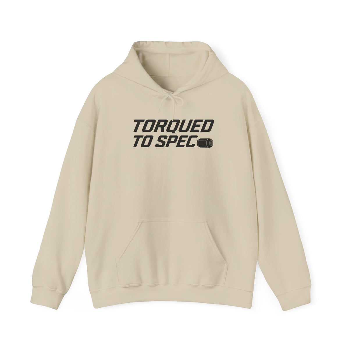Sand hoodie with drawstring hood and front pocket, TORQUED TO SPEC logo print