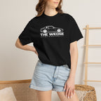 Black crew-neck T-shirt on model with white car logo graphic.