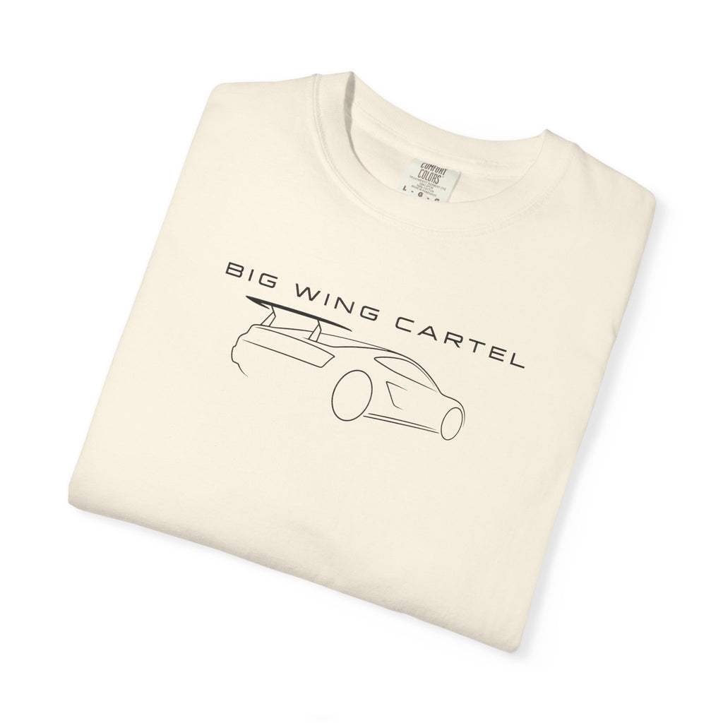 Big Wing Cartel exotic car outline T-shirt, cream crewneck with car outline front graphic