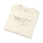 Big Wing Cartel exotic car outline T-shirt, cream crewneck with car outline front graphic