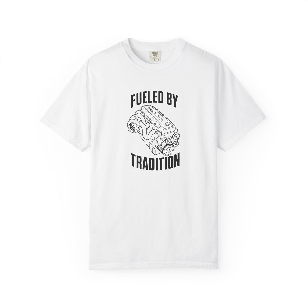 White T-shirt with 'Fueled by Tradition' inline six engine graphic on front