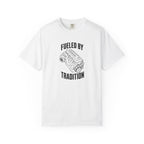 White T-shirt with 'Fueled by Tradition' inline six engine graphic on front