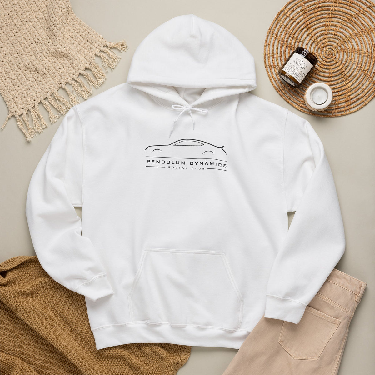 White social club hoodie with front logo graphic and drawstring hood