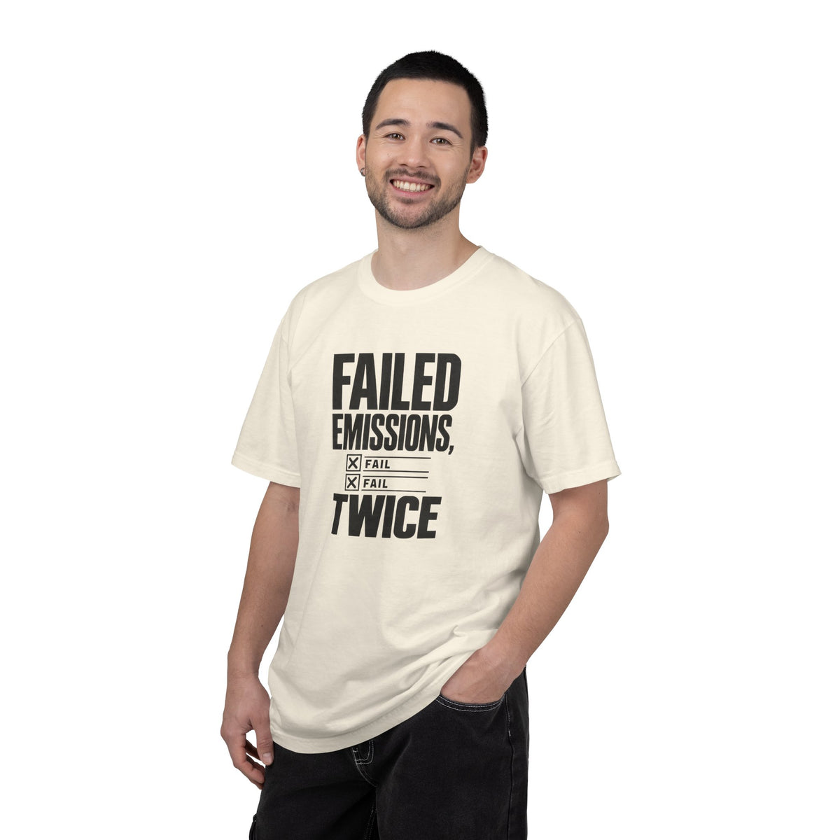 Ivory crewneck T-shirt with centered black graphic text "FAILED EMISSIONS, TWICE"