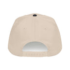Tan baseball hat back view with ventilation eyelets and snapback strap opening.
