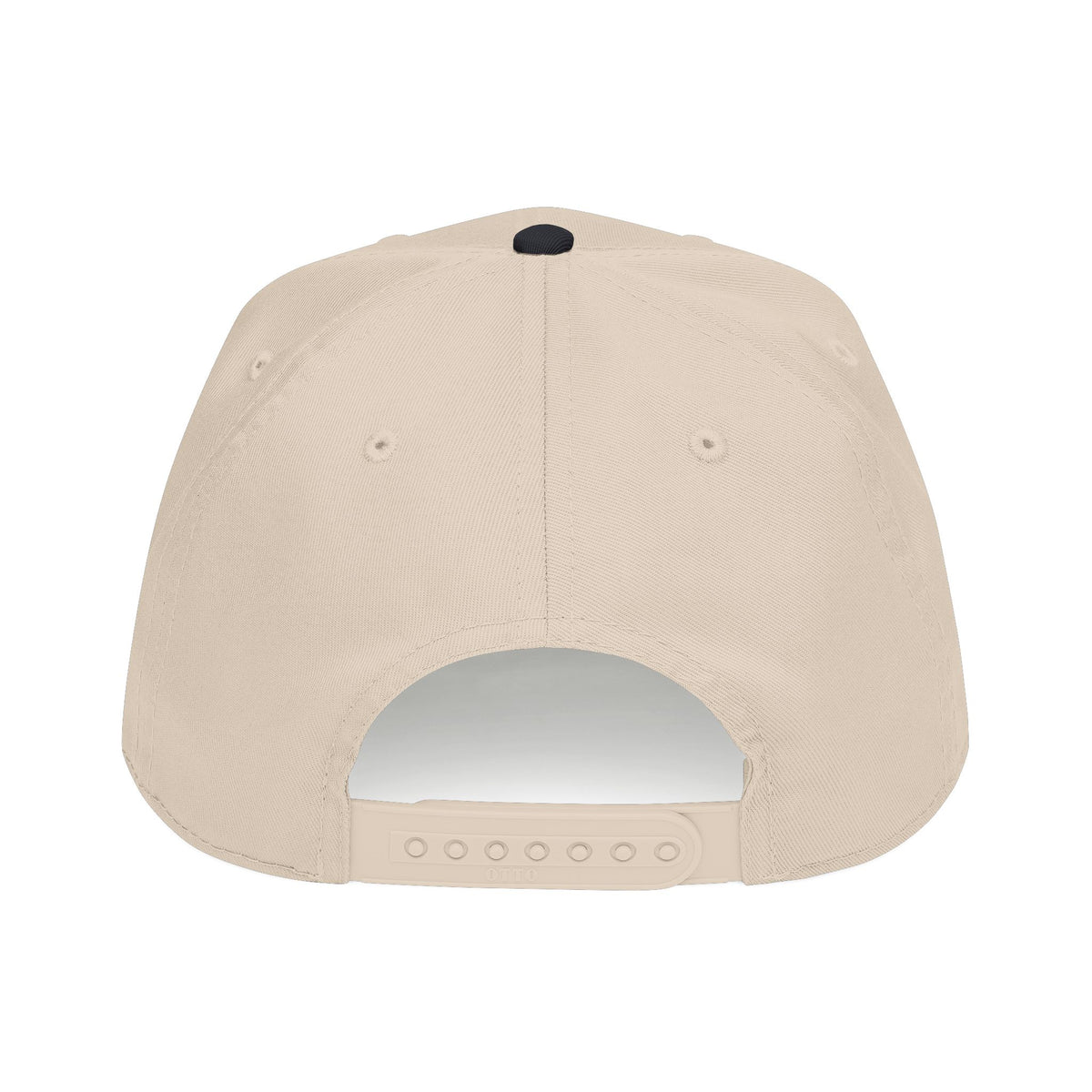 Tan baseball hat back view with ventilation eyelets and snapback strap opening.